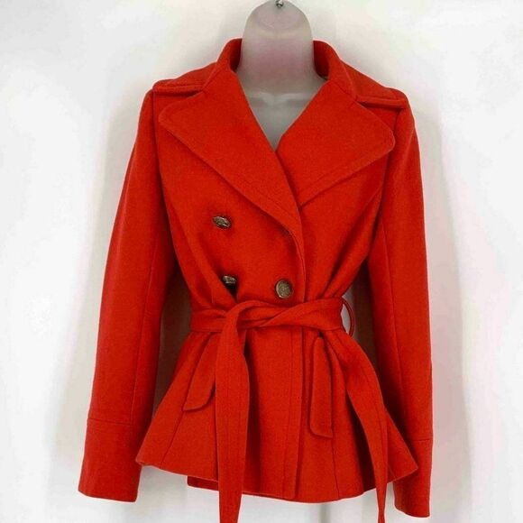 J.Crew Womens Orange Wool Long Sleeve Belted Button Double Breasted Pea Coat 2 - Picture 6 of 7